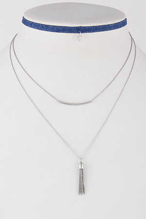 Layered Denim Choker Necklace with Tassel Pendant 6KCC1